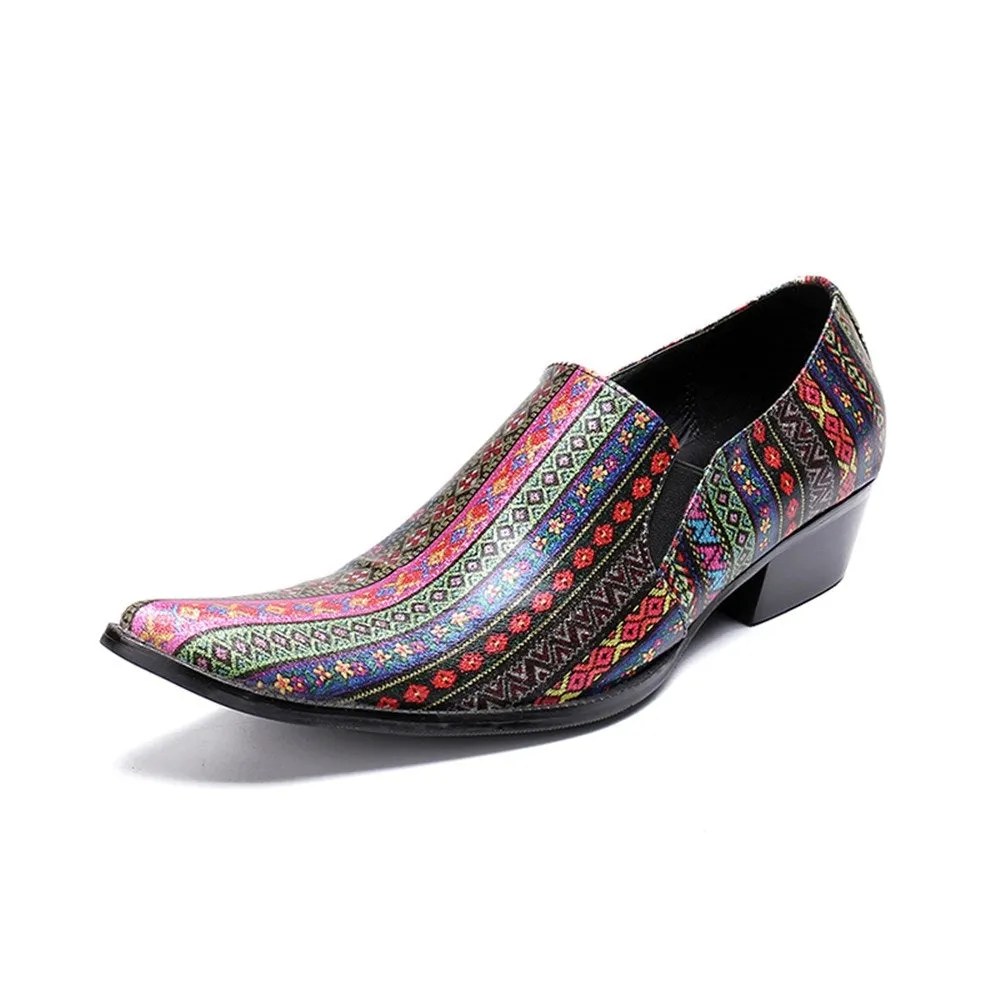 Men High Heel Printed Pointed Toe Loafer