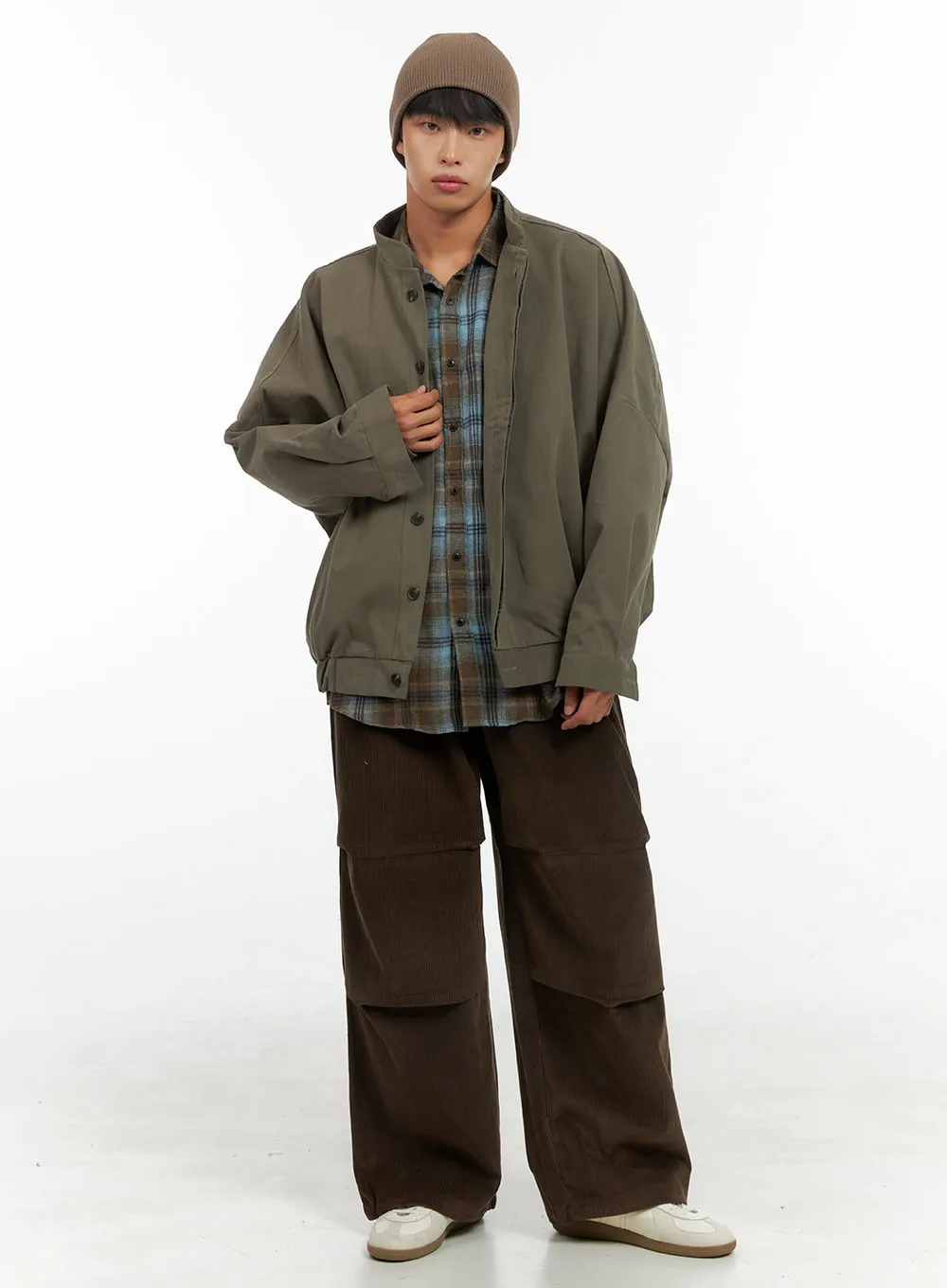 Men's Corduroy Pintuck Parachute Pants (Brown) IS419