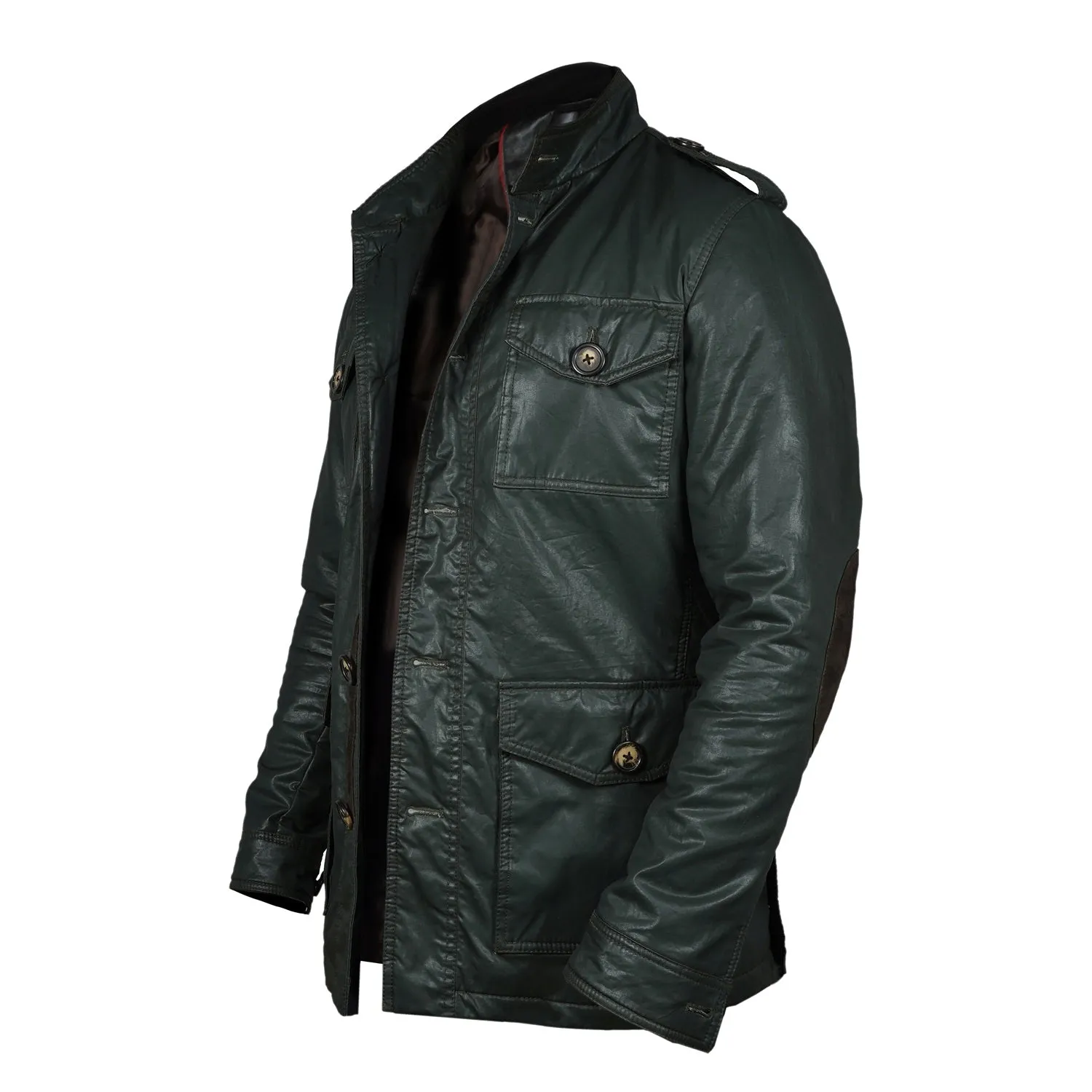 Men's Green Coat & Jacket with Contrasting Waxy Cotton and Leather Trims,