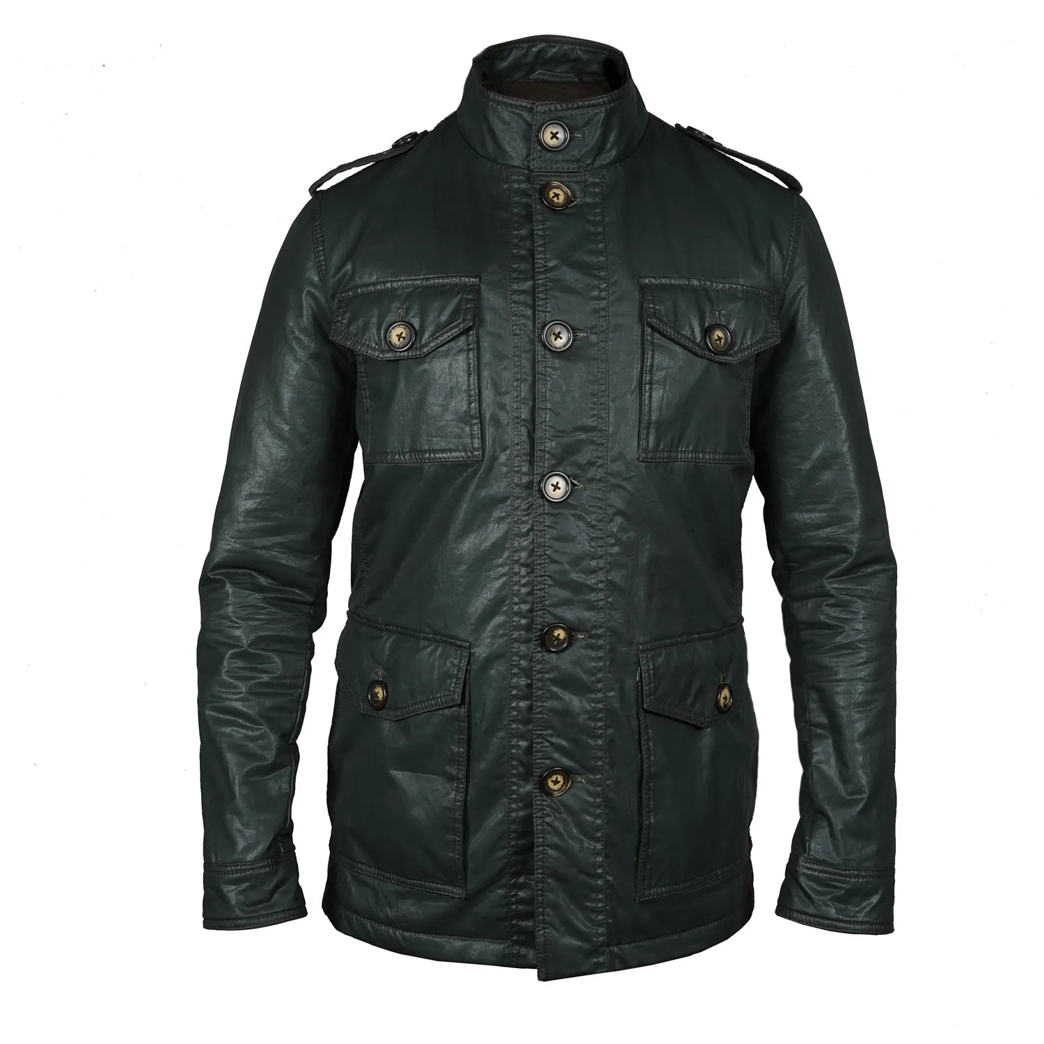 Men's Green Coat & Jacket with Contrasting Waxy Cotton and Leather Trims,