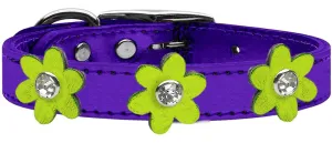 Metallic Flower Leather Collar Metallic Purple With Metallic Lime Green Flowers Size 22