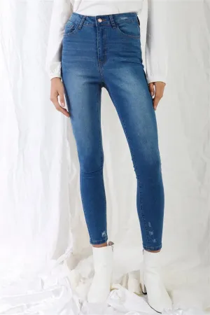 Mid Blue High-waisted With Rips Skinny Denim Jeans