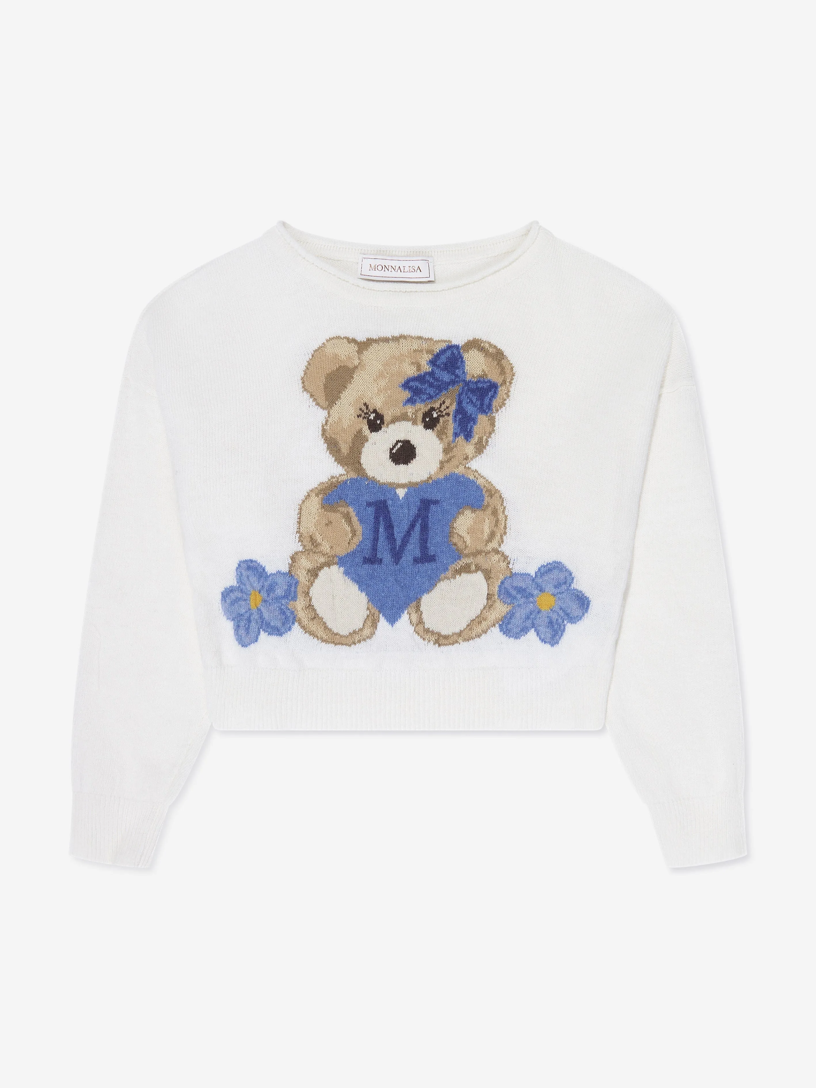 Monnalisa Girls Teddy Bear Knitted Jumper In Ivory