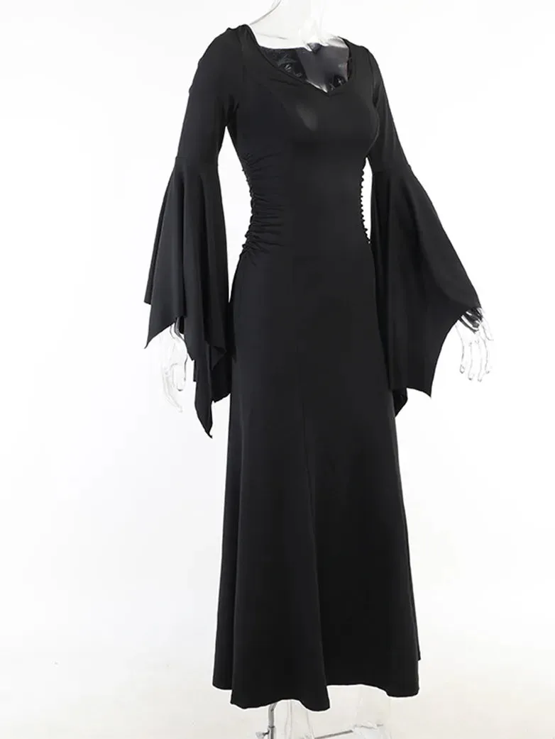 Morticia Addams Gothic Bat Sleeve Maxi Bodycon Dress