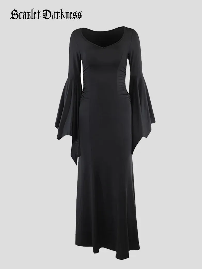 Morticia Addams Gothic Bat Sleeve Maxi Bodycon Dress