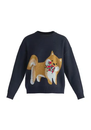 Navy Christmas Jumper With Dog and Mistletoes