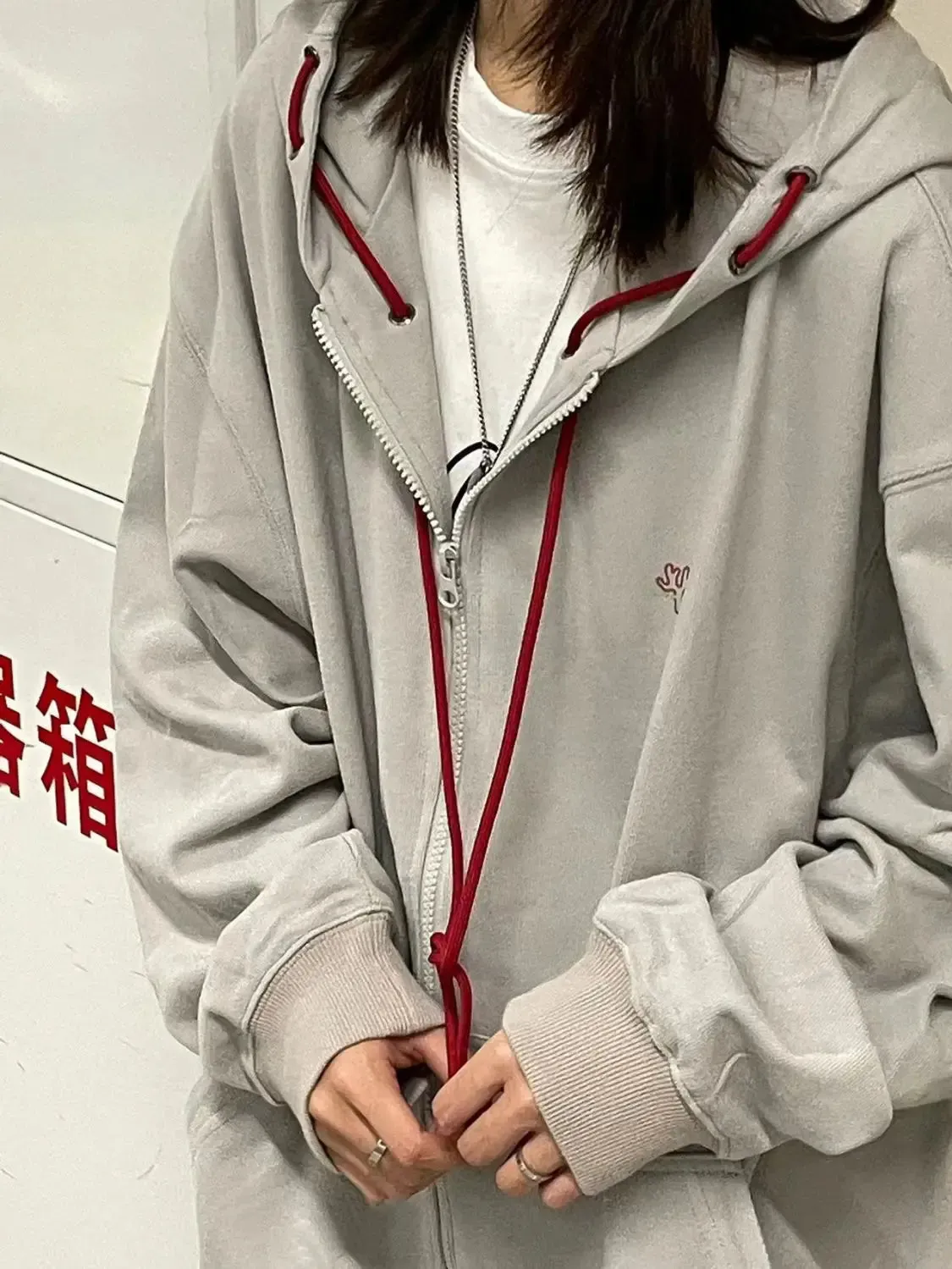 Oversize Gray Zip Hoodie American Retro Vintage Zipper Pullover High Street Hooded Sweatshirt Autumn Top