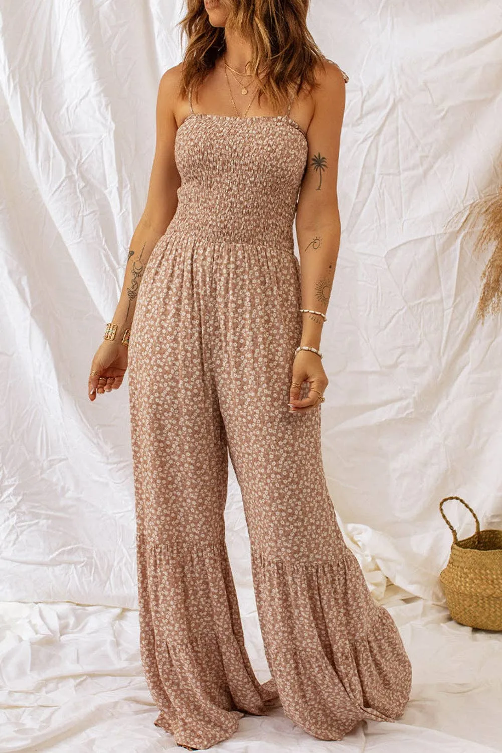 PB103 - Floral Smocked Wide Leg Jumpsuit