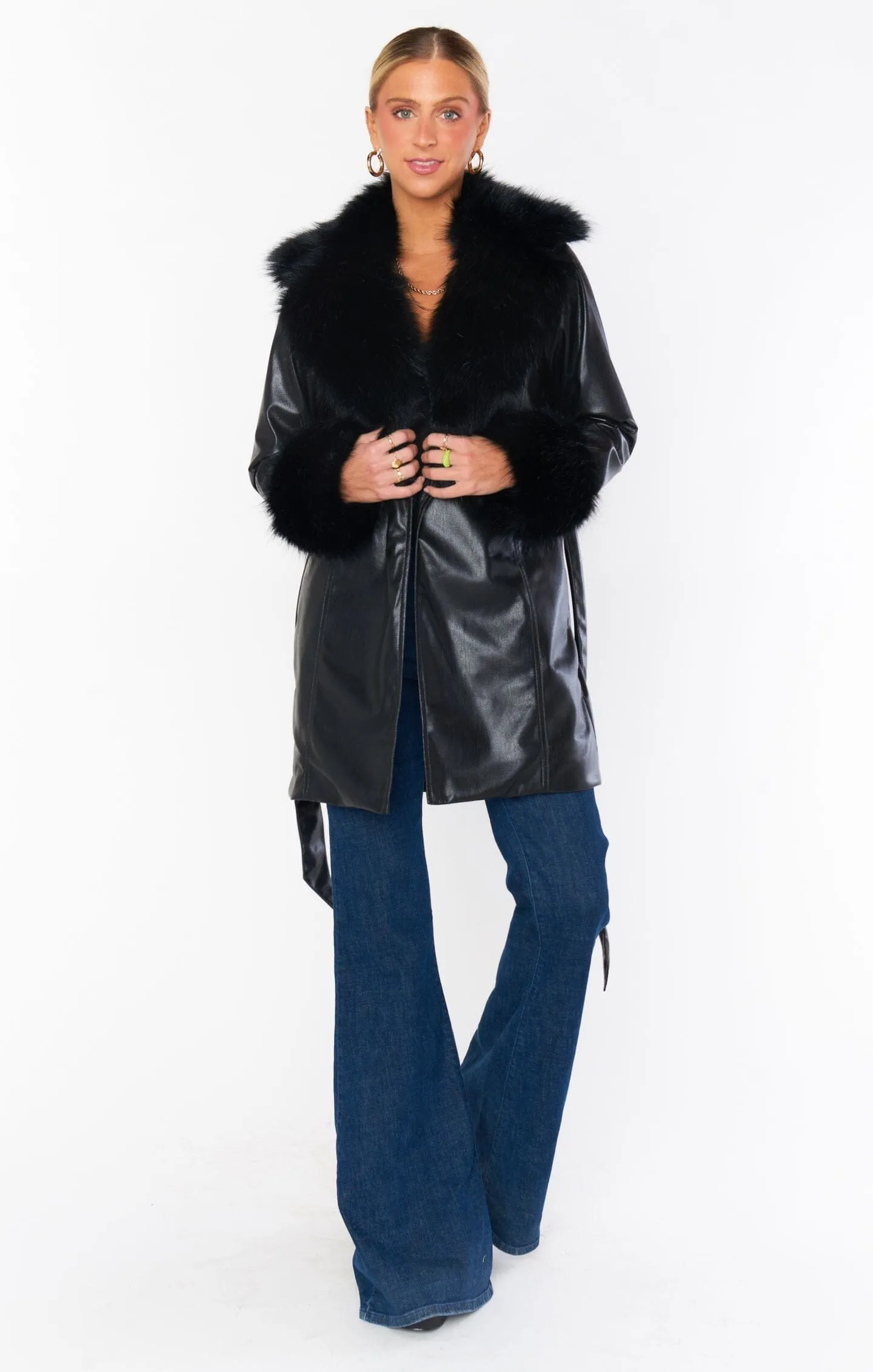 Penny Lane Coat | Black Faux Leather w/Faux Fur