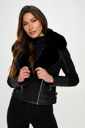 PREMIUM Soft Faux Suede Biker Jacket with Faux Fur Collar