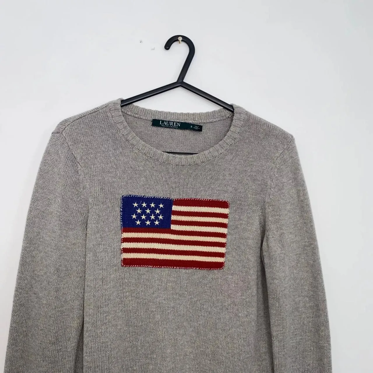 Preowned Ralph Lauren Womens Knit Flag Jumper Size S Grey USA American Crewneck Sweater [More lightweight].