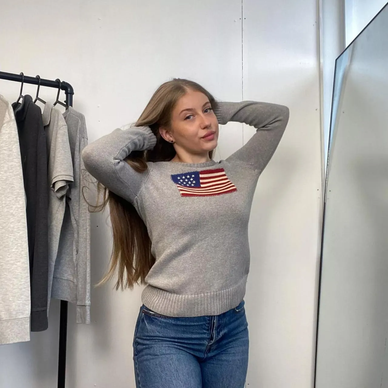 Preowned Ralph Lauren Womens Knit Flag Jumper Size S Grey USA American Crewneck Sweater [More lightweight].