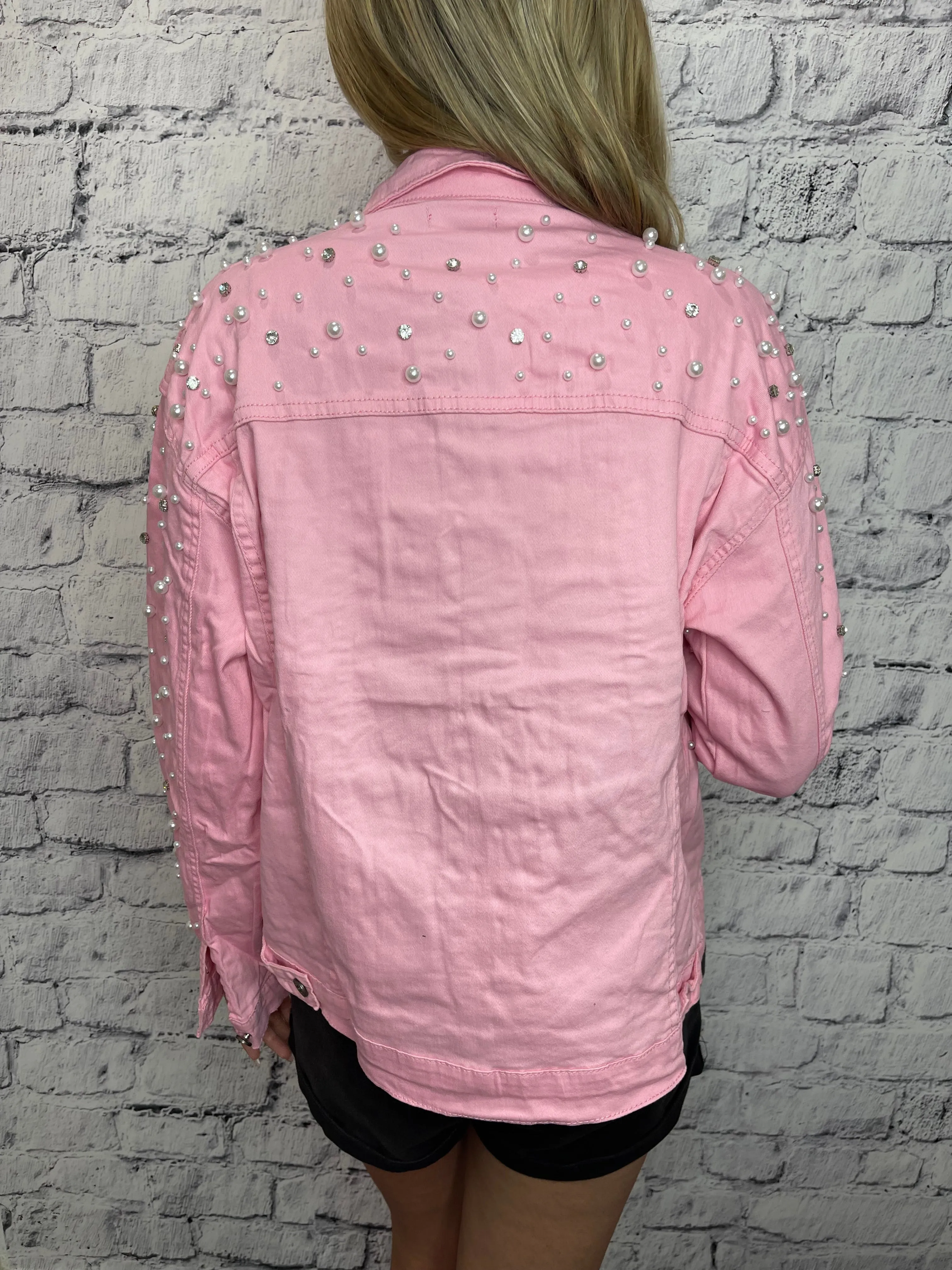 Pretty As A Pearl Rhinestone Pearl Denim Jacket - Pink