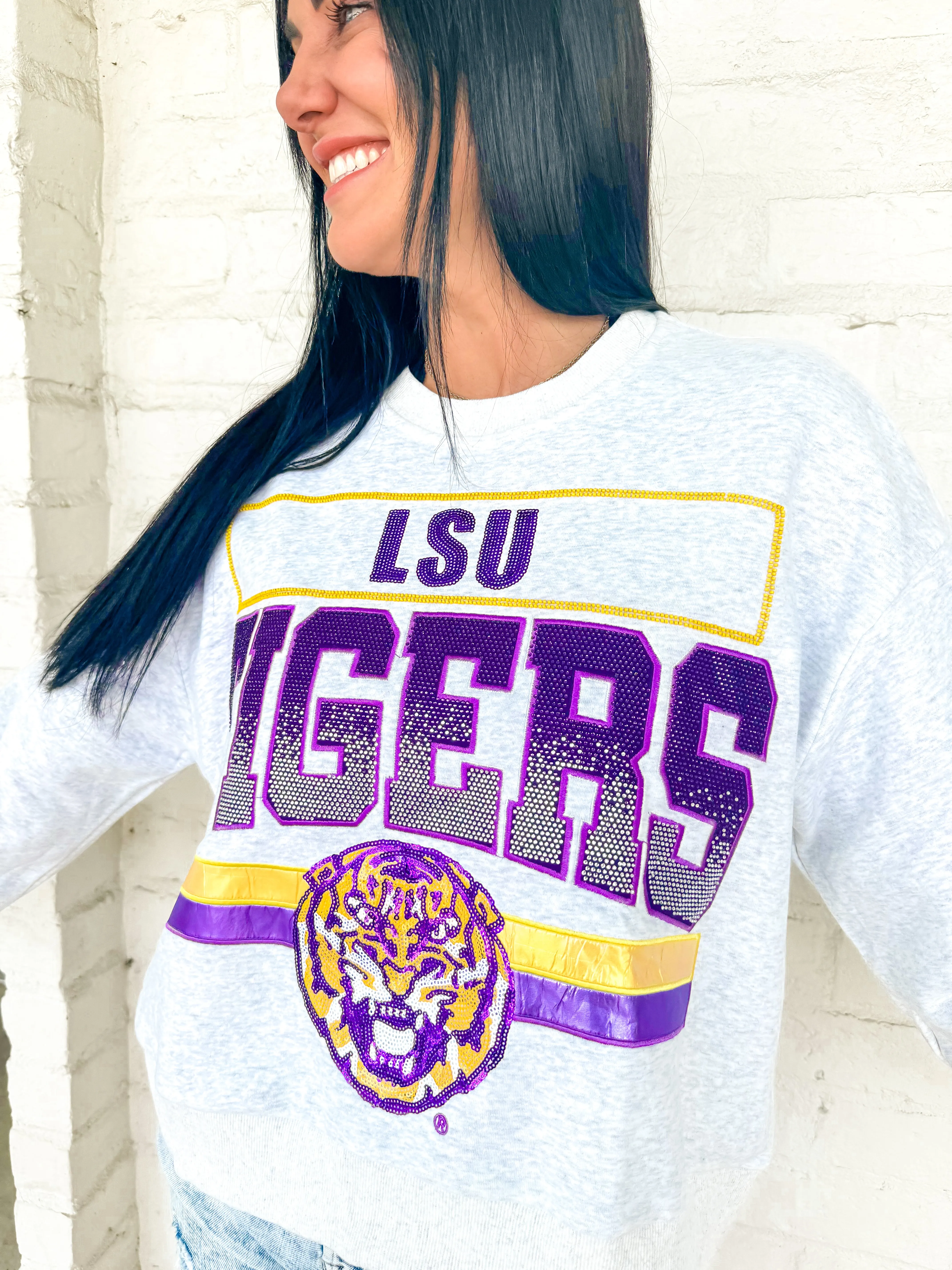 Queen Of Sparkles Grey Louisiana Tigers Vintage Sweatshirt