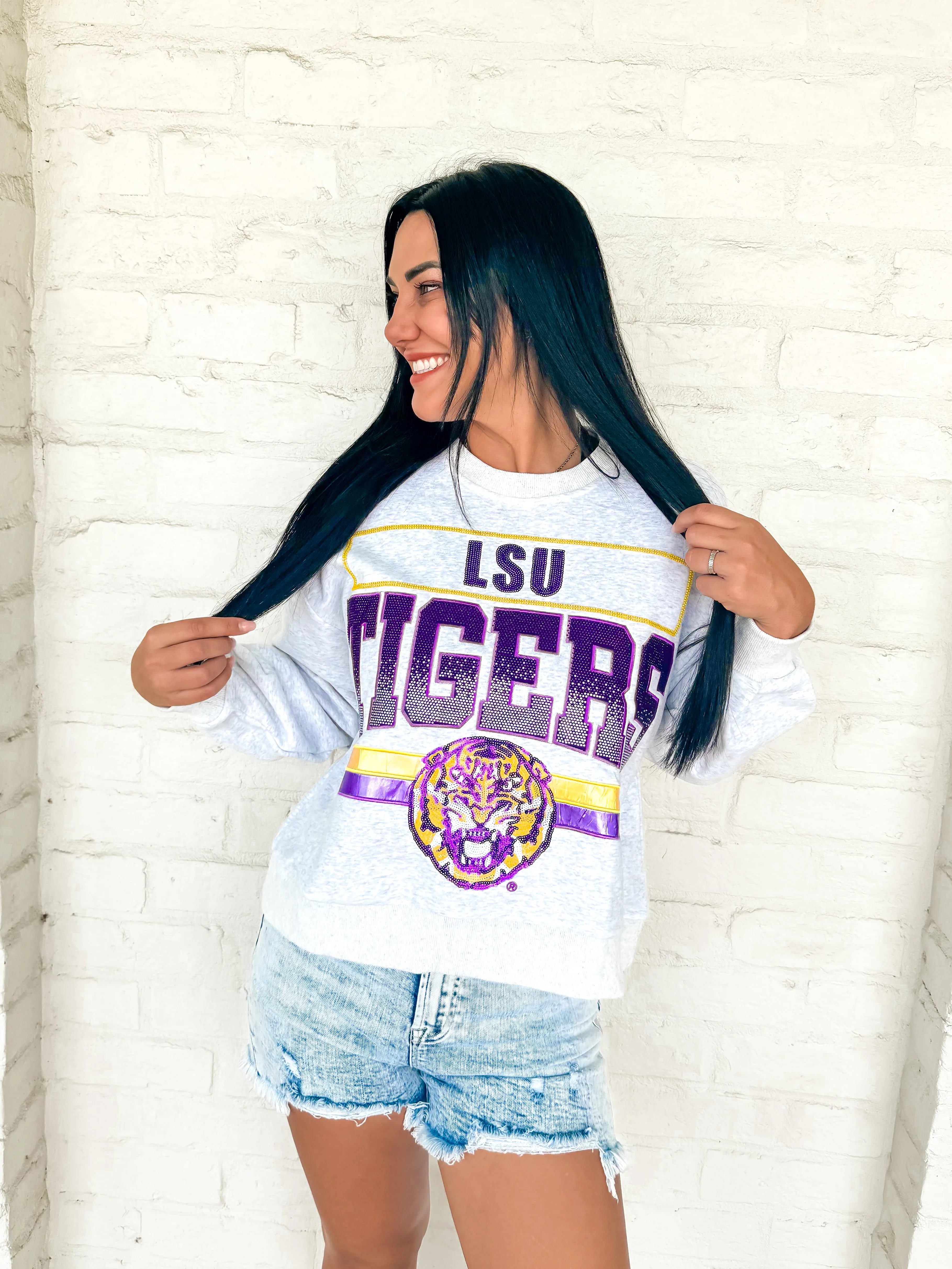 Queen Of Sparkles Grey Louisiana Tigers Vintage Sweatshirt