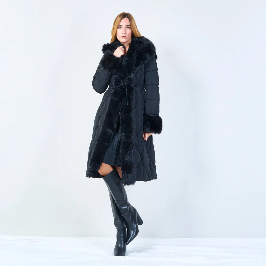 Quilted coat with fur-trimmed hood and cuffs wholesale