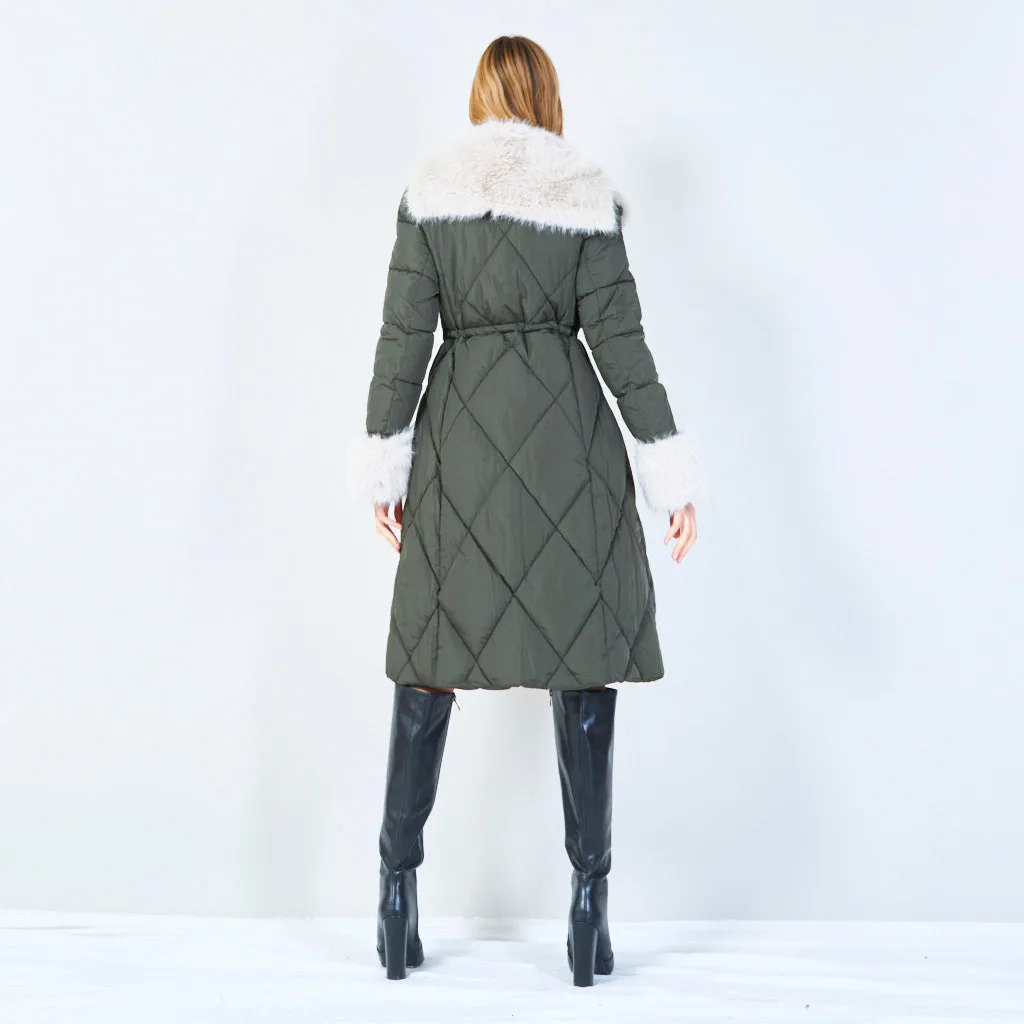 Quilted coat with fur-trimmed hood and cuffs wholesale