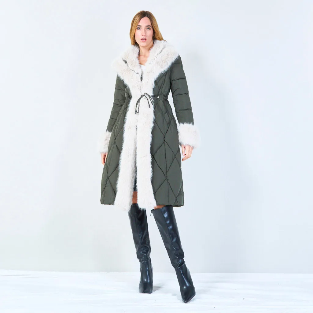 Quilted coat with fur-trimmed hood and cuffs wholesale