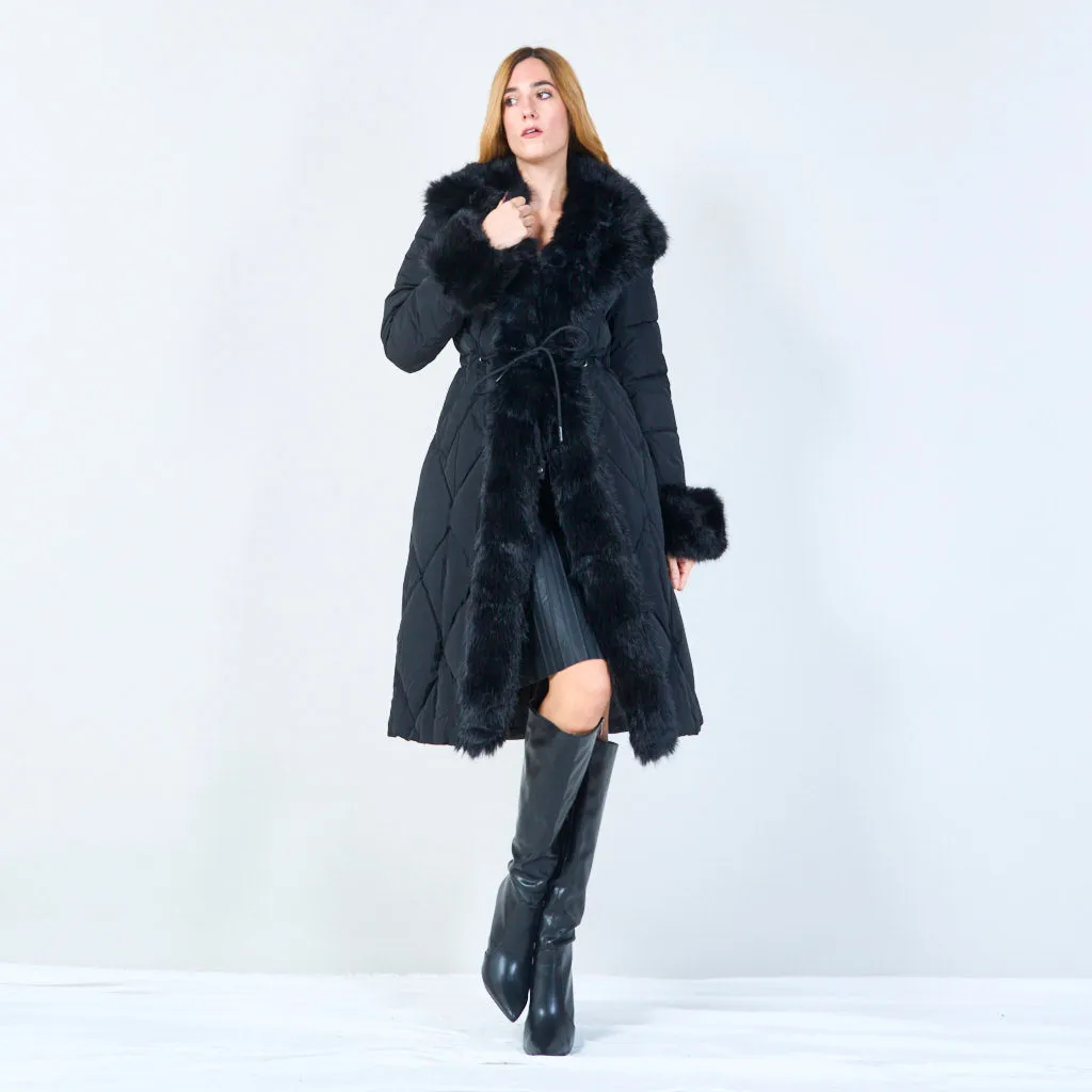 Quilted coat with fur-trimmed hood and cuffs wholesale