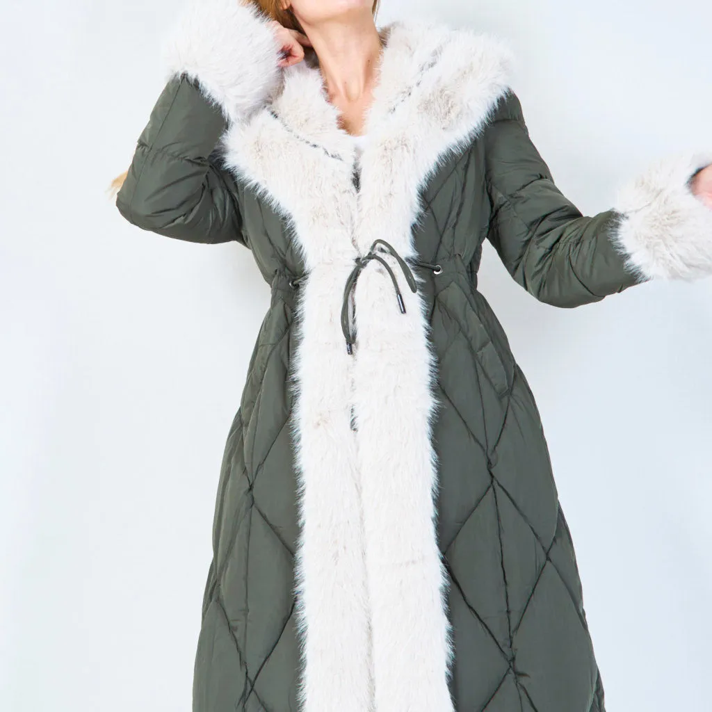 Quilted coat with fur-trimmed hood and cuffs wholesale