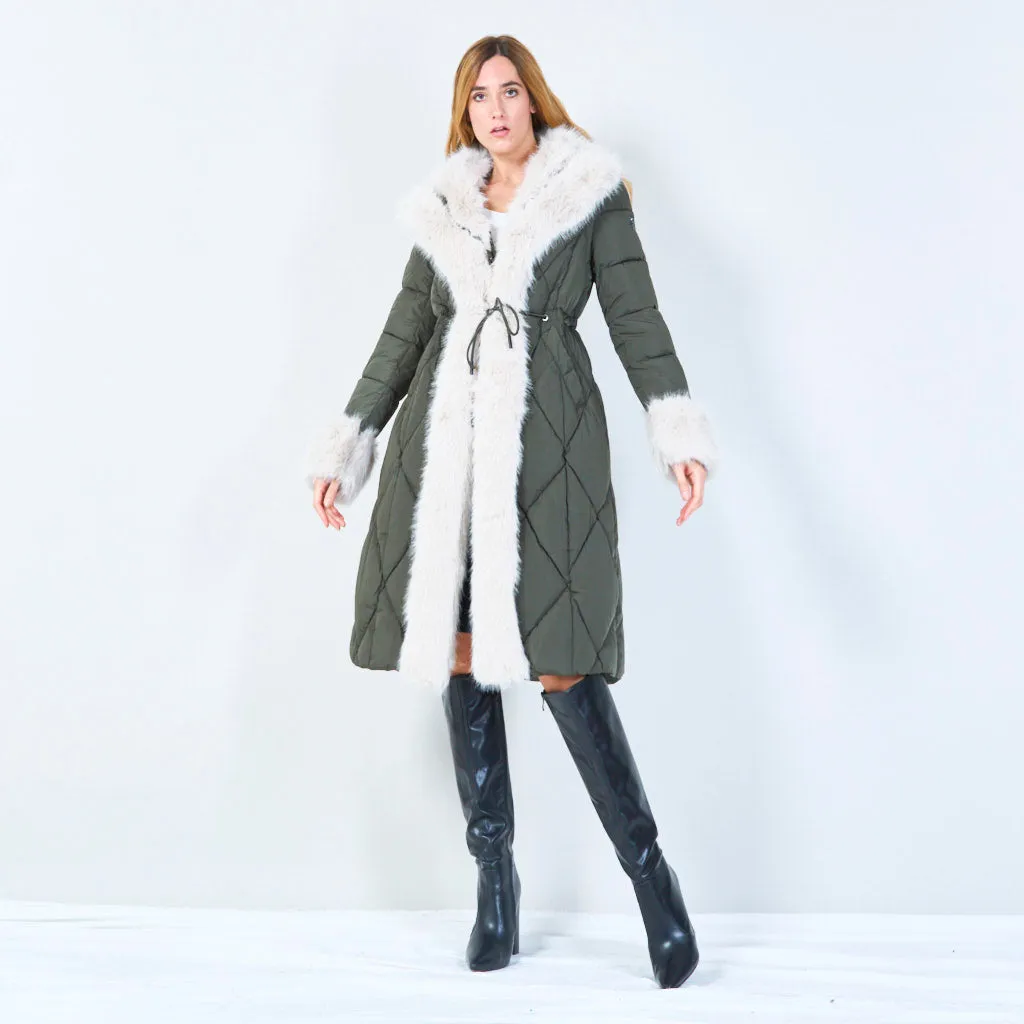 Quilted coat with fur-trimmed hood and cuffs wholesale