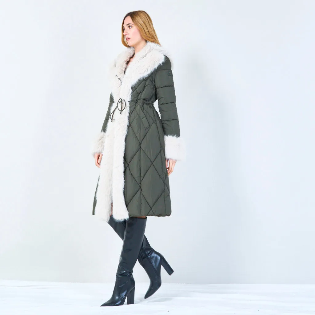 Quilted coat with fur-trimmed hood and cuffs wholesale