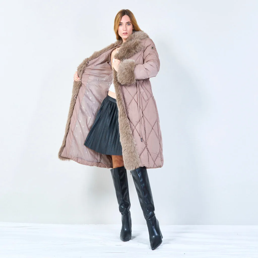 Quilted coat with fur-trimmed hood and cuffs wholesale