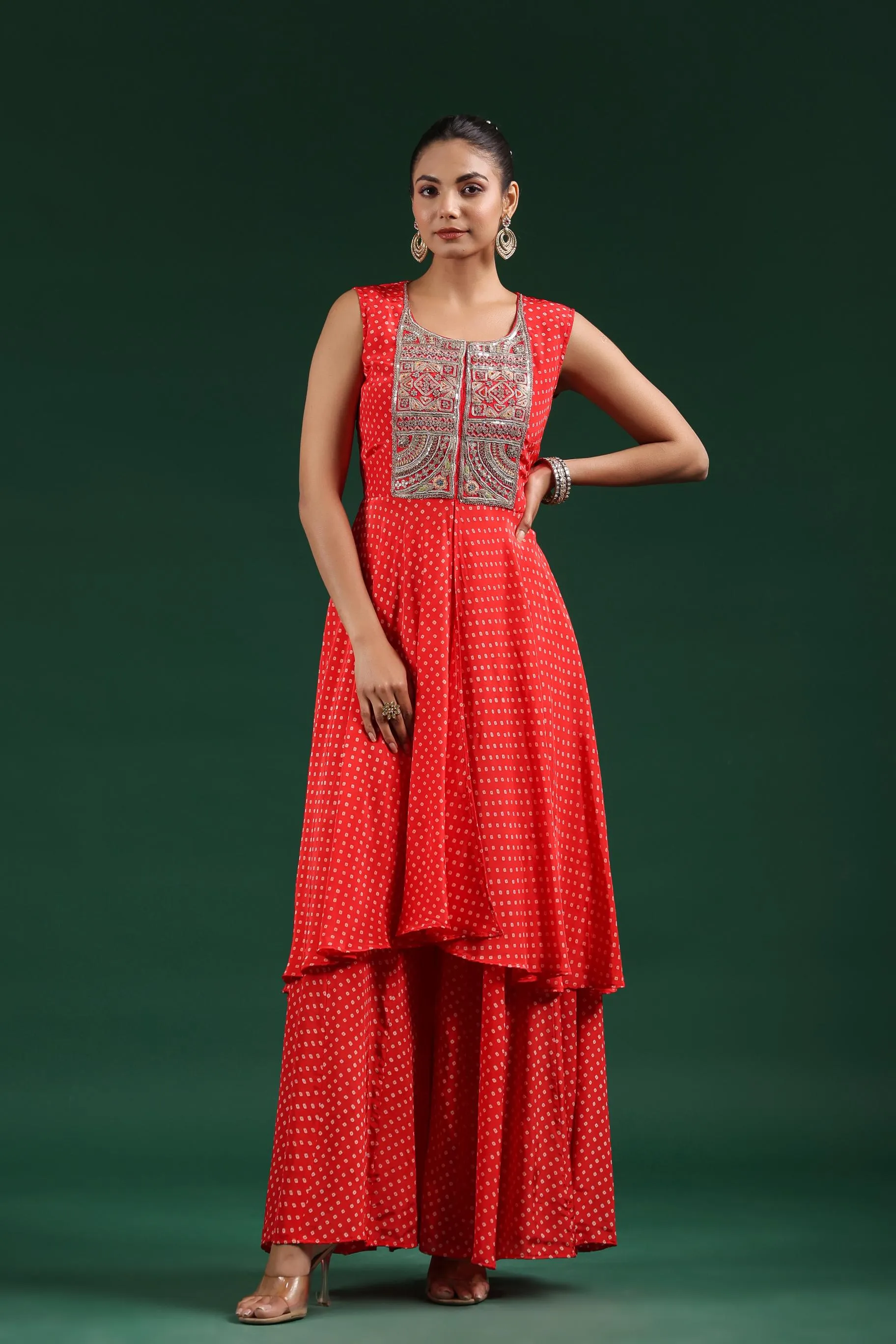 Red Bandhani Embroidered Tunic & Palazzo