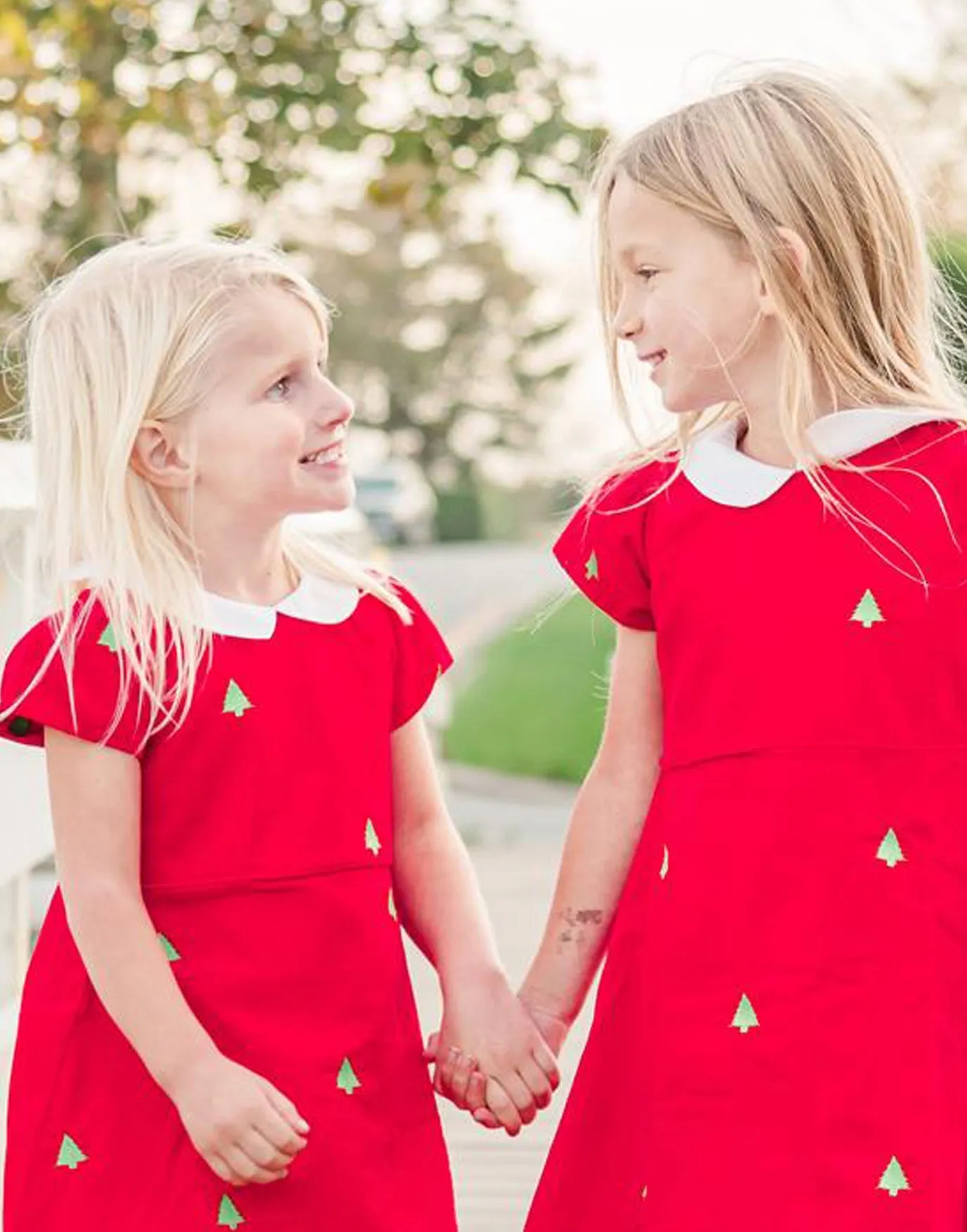 Red Corduroy with Green Embroidered Christmas Trees Peter Pan Collar Dress