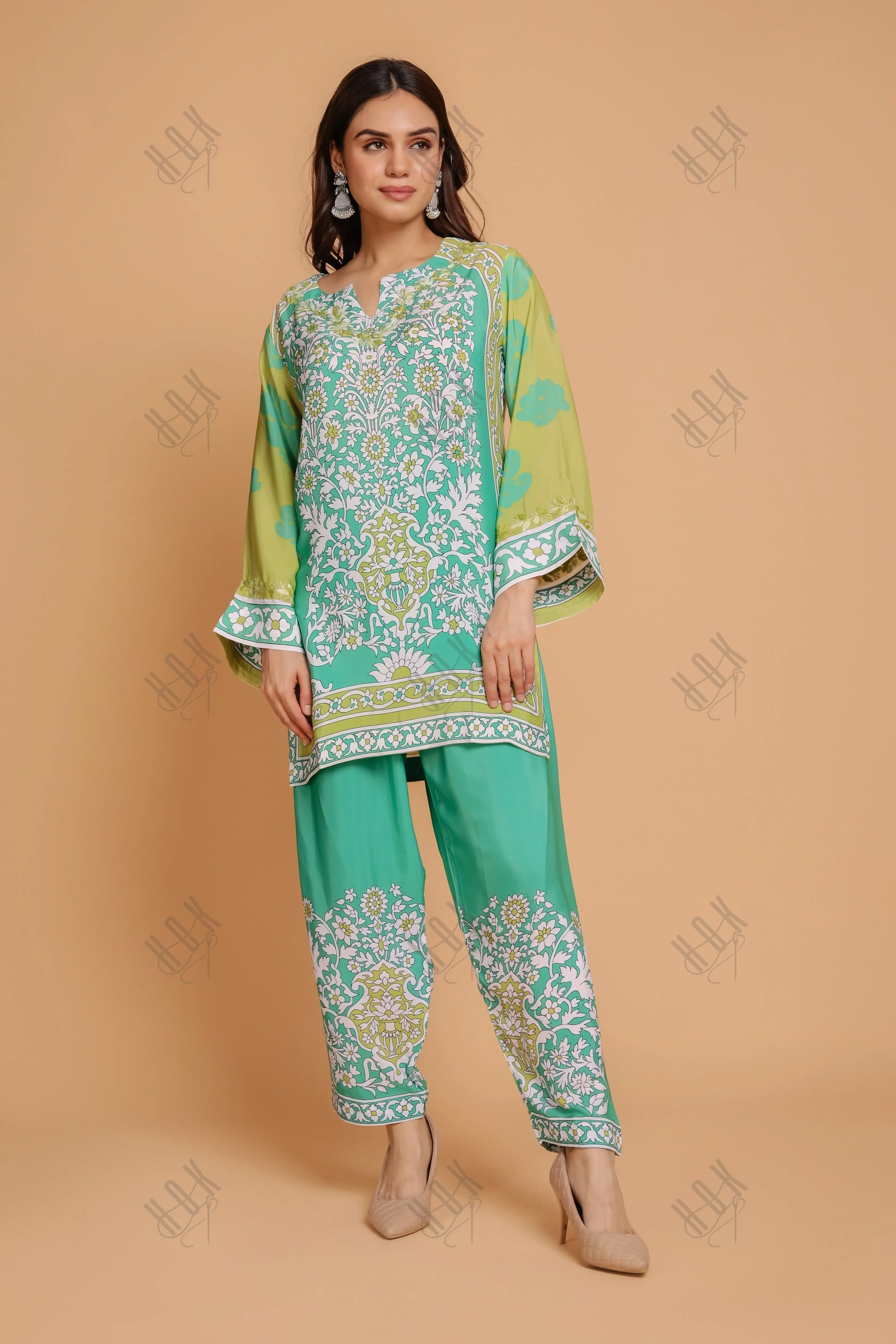 Saba Chikankari Printed Polysilk Set for Women - Green