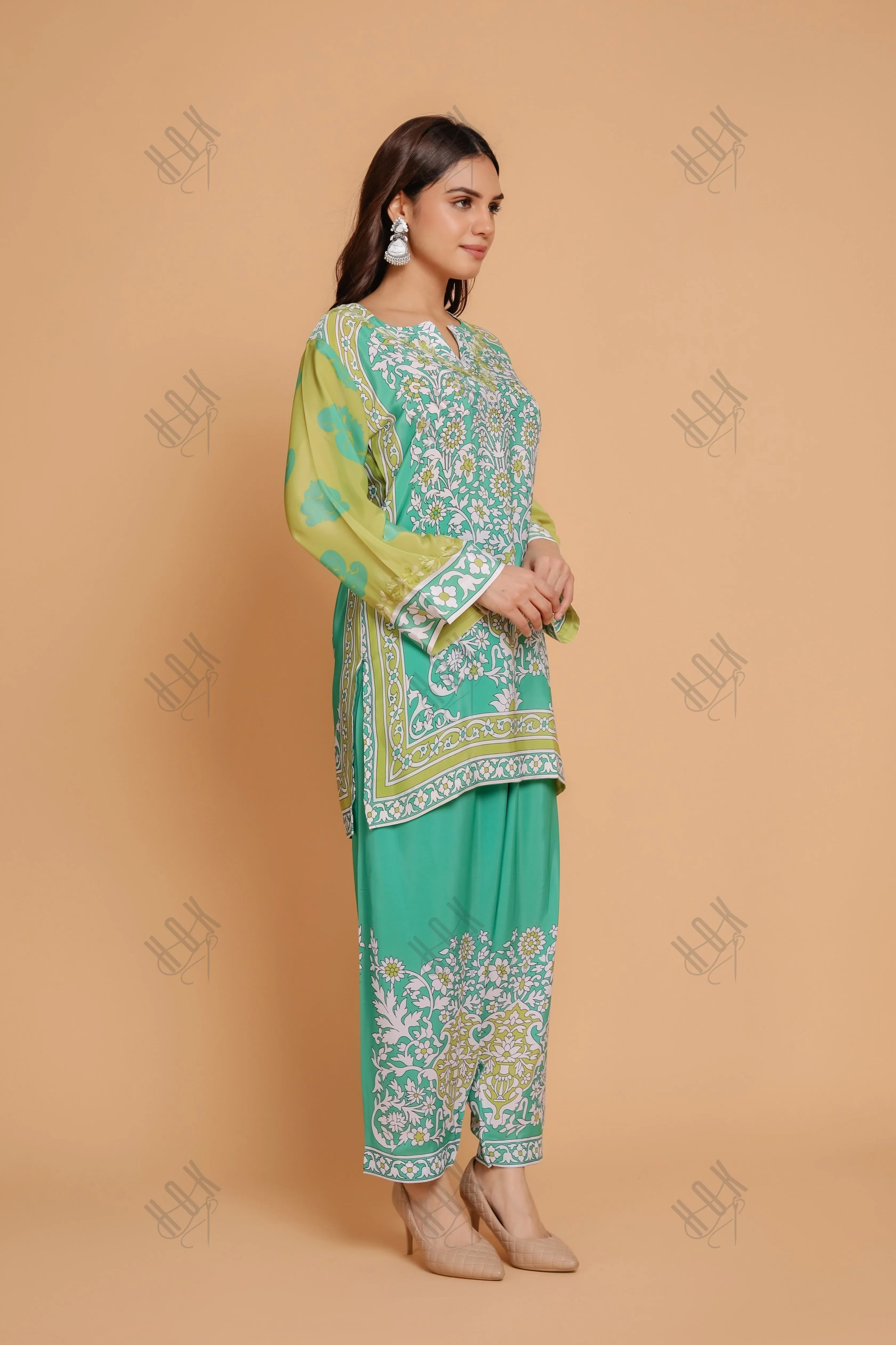 Saba Chikankari Printed Polysilk Set for Women - Green