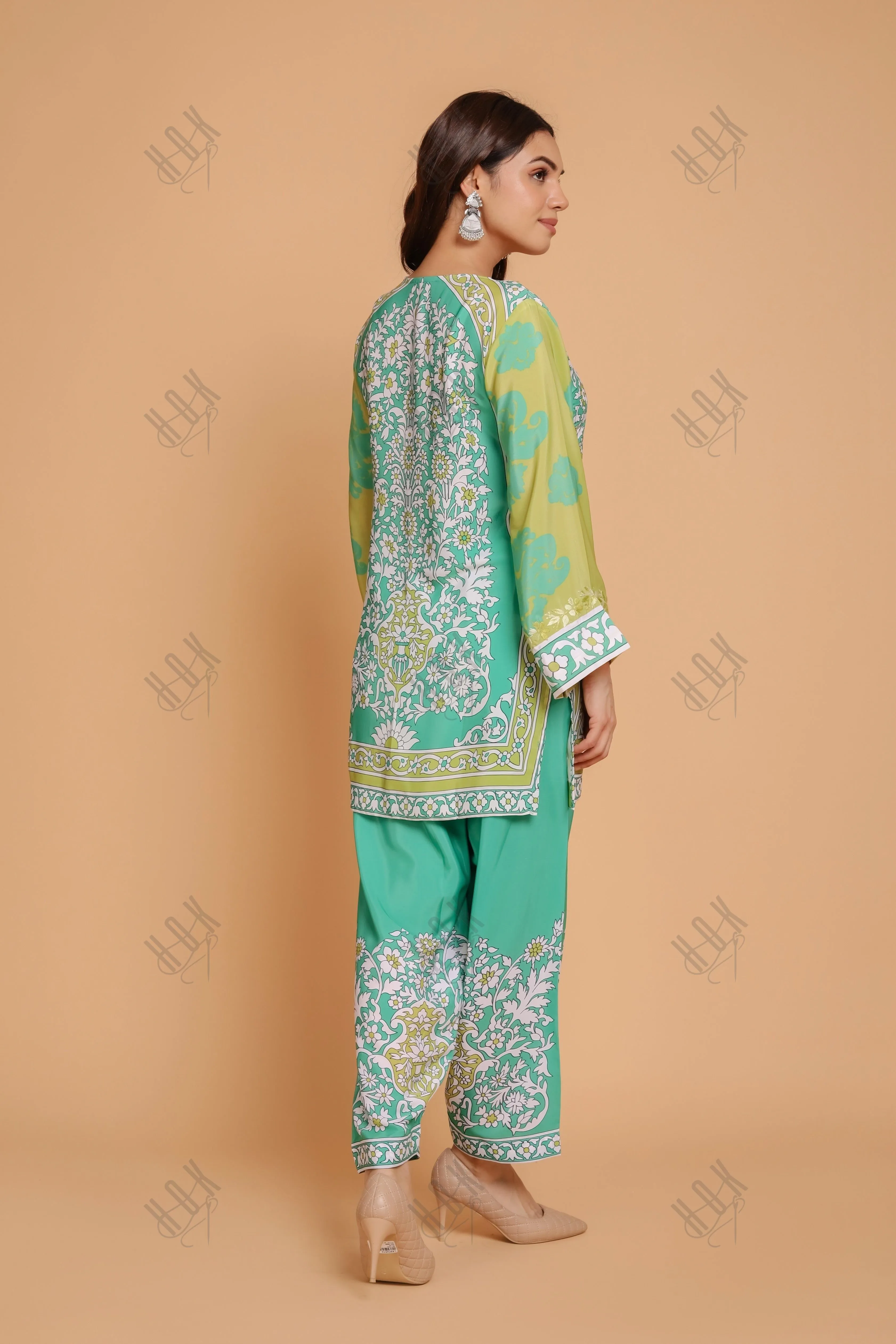 Saba Chikankari Printed Polysilk Set for Women - Green