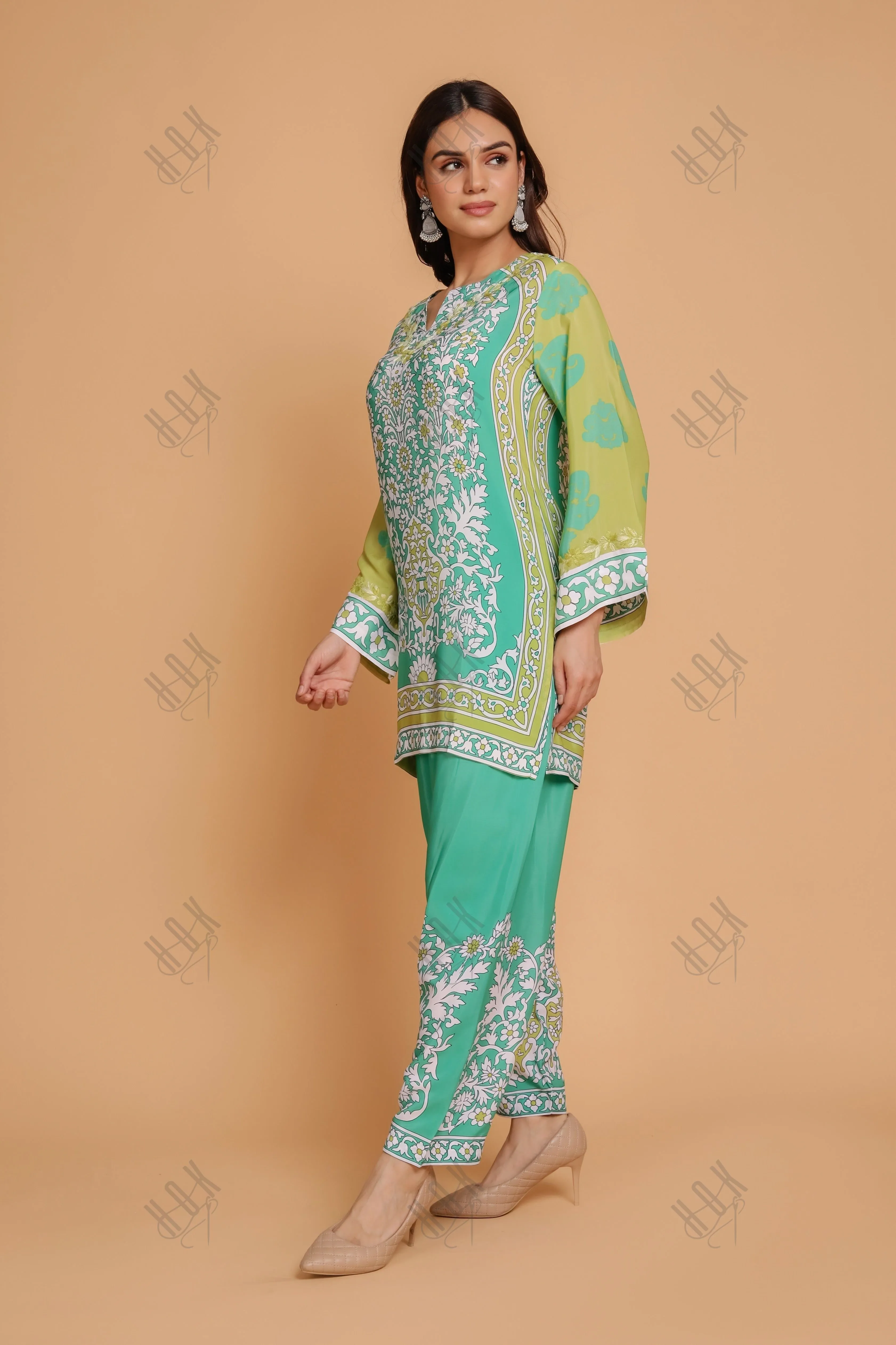 Saba Chikankari Printed Polysilk Set for Women - Green