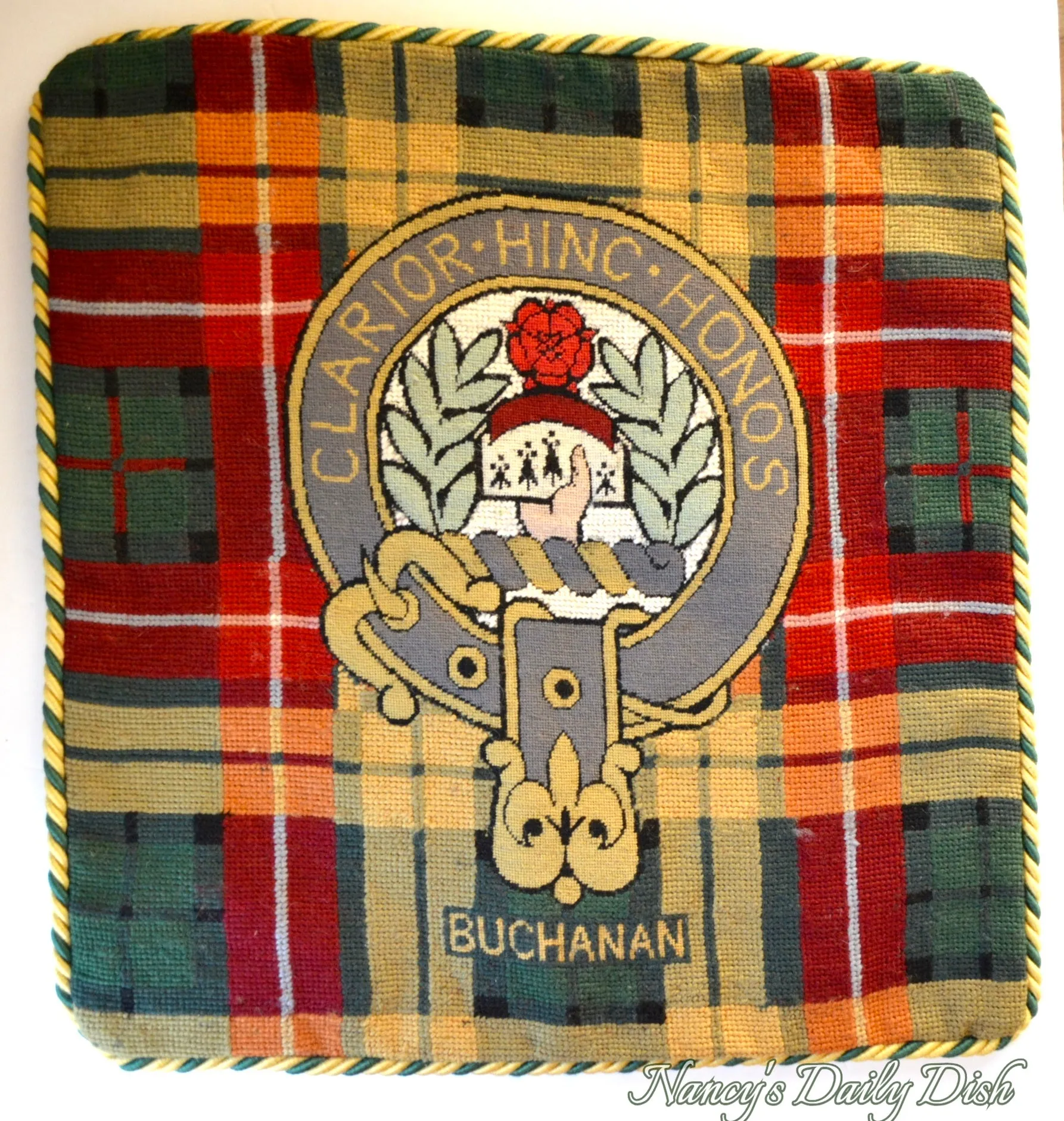 Scottish Tartan Plaid Buchanan Clan Motto Wool Needlepoint Pillow Cover