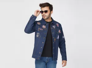 SLAY. Men's Patchwork Embroidered Navy Blue Vintage Button-Down Denim Biker Jacket