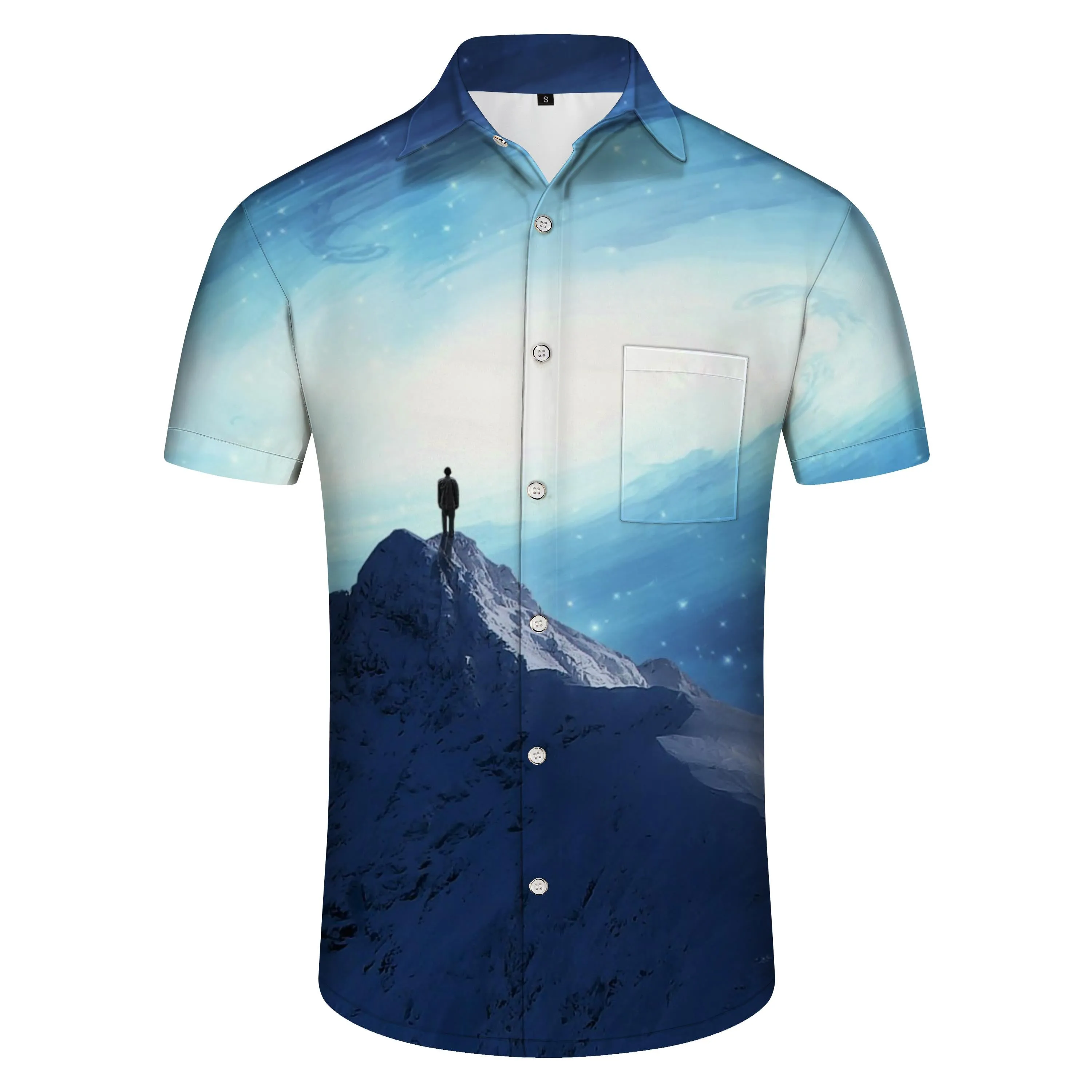 Snow Mountain Silhouette Short Sleeve Casual Men's Four Seasons Hawaiian Shirt Button Casual Suitable for Vacation Sand Travel