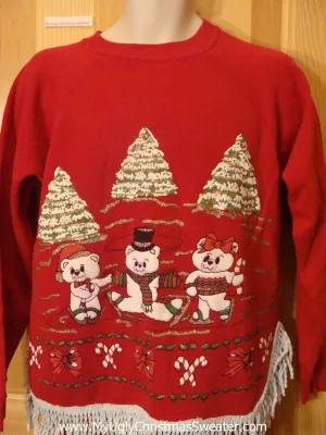 Tacky Cheap Christmas Sweatshirt with Bears and Fringe