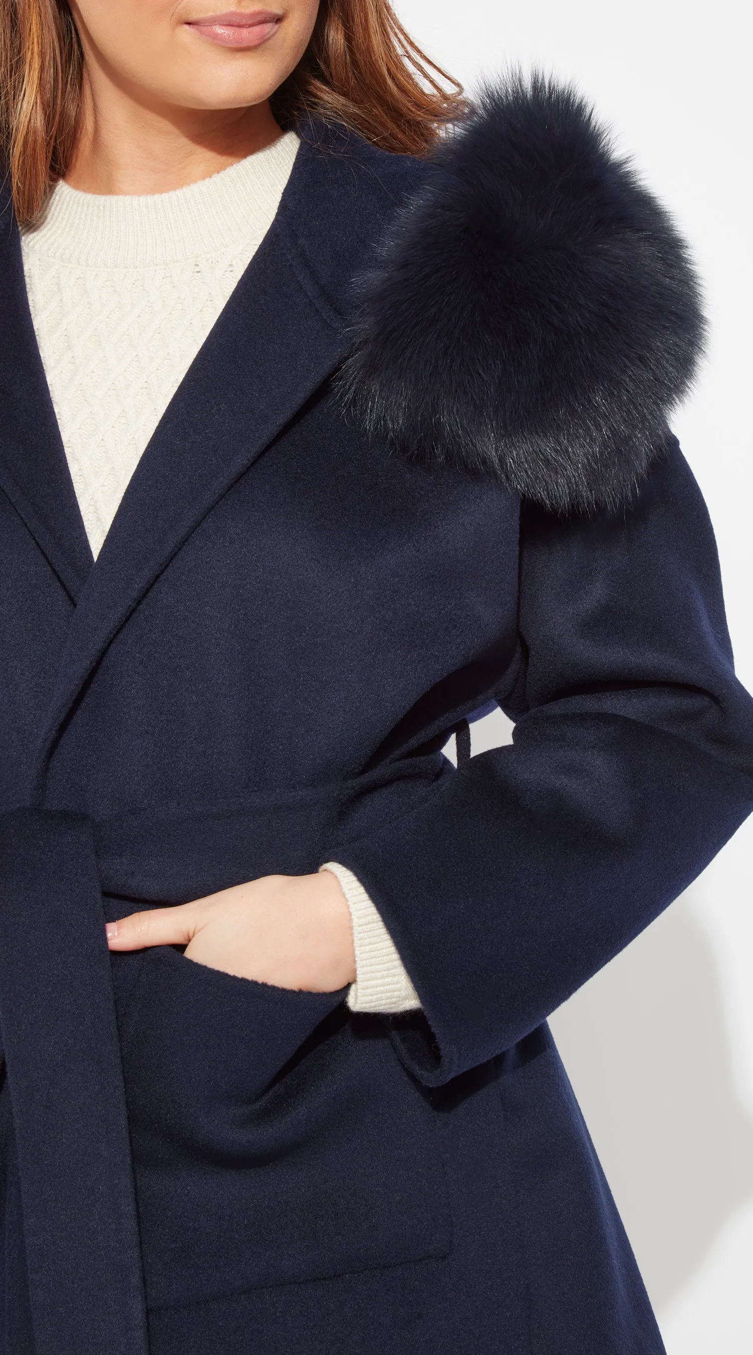 The London Cashmere & Fox Fur Belted Coat - Navy