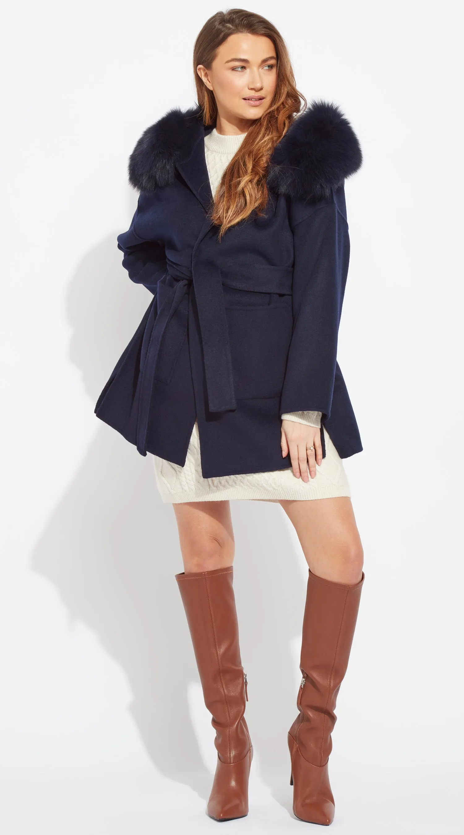 The London Cashmere & Fox Fur Belted Coat - Navy