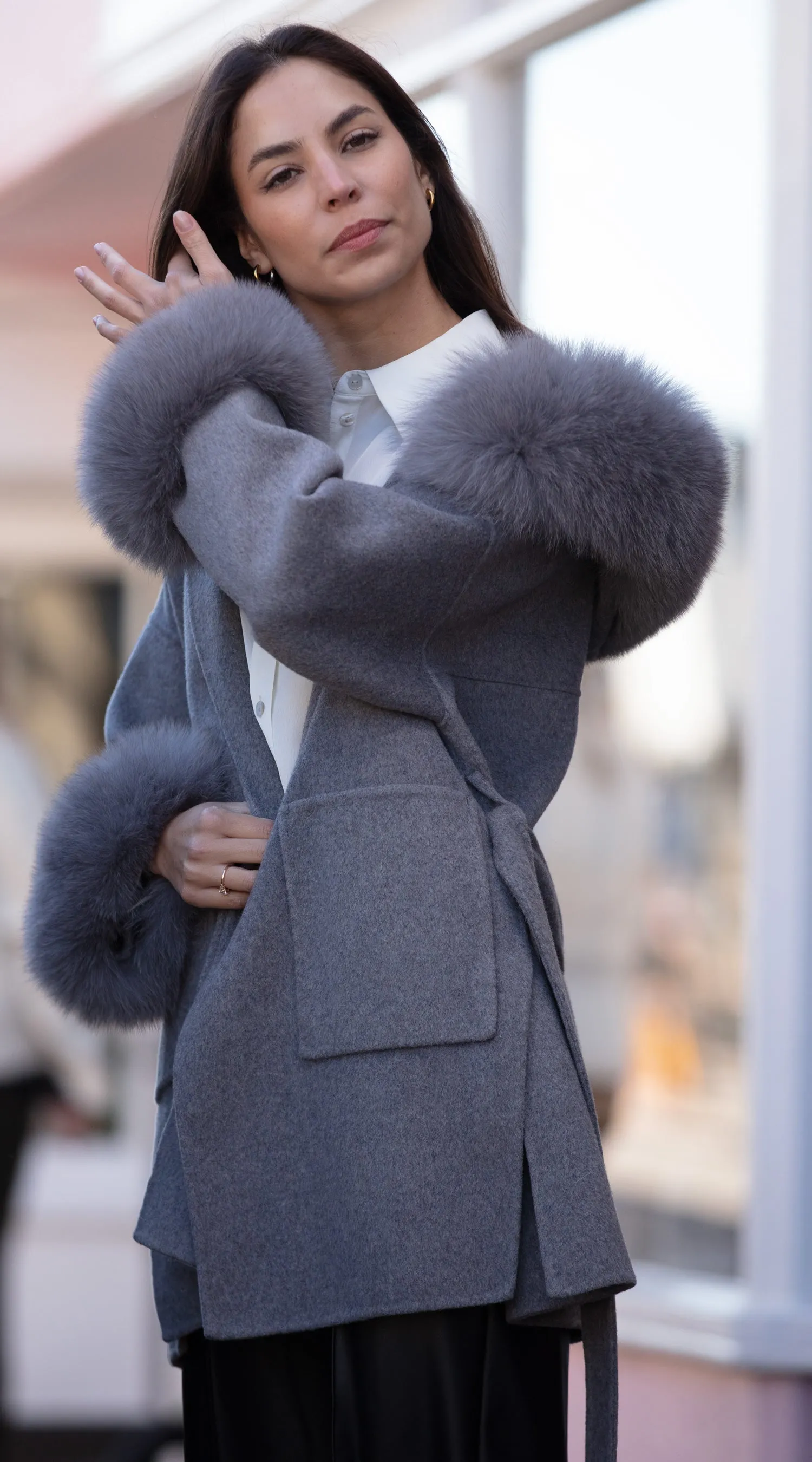 The London Cashmere & Fur Cuffed Belted Coat - Grey