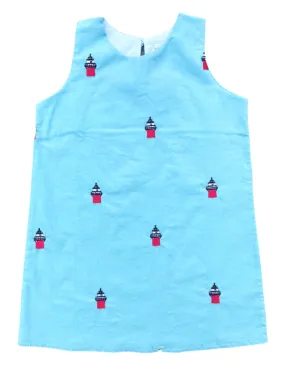 Turquoise Corduroy Jumper Dress with Embroidered Bug Light