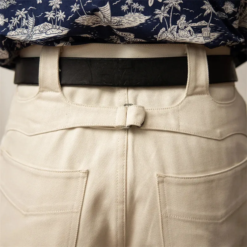 Vintage Style White Denim Shorts with Back-Buckle