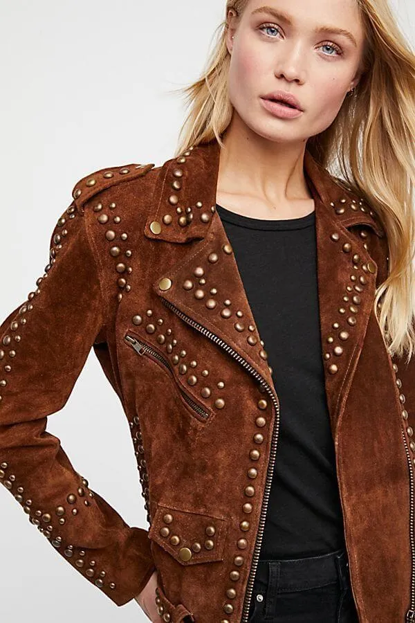 Woman Handmade Brown American Western Were Golden Studded Suede Leather Jacket