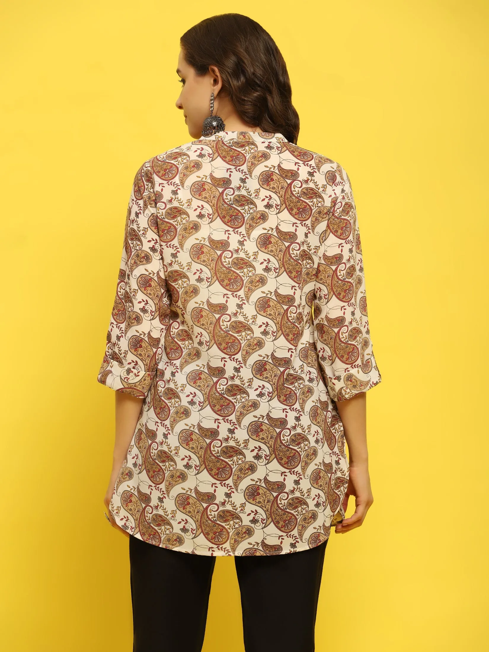 Women Georgette Off White Paisley Print Tunic