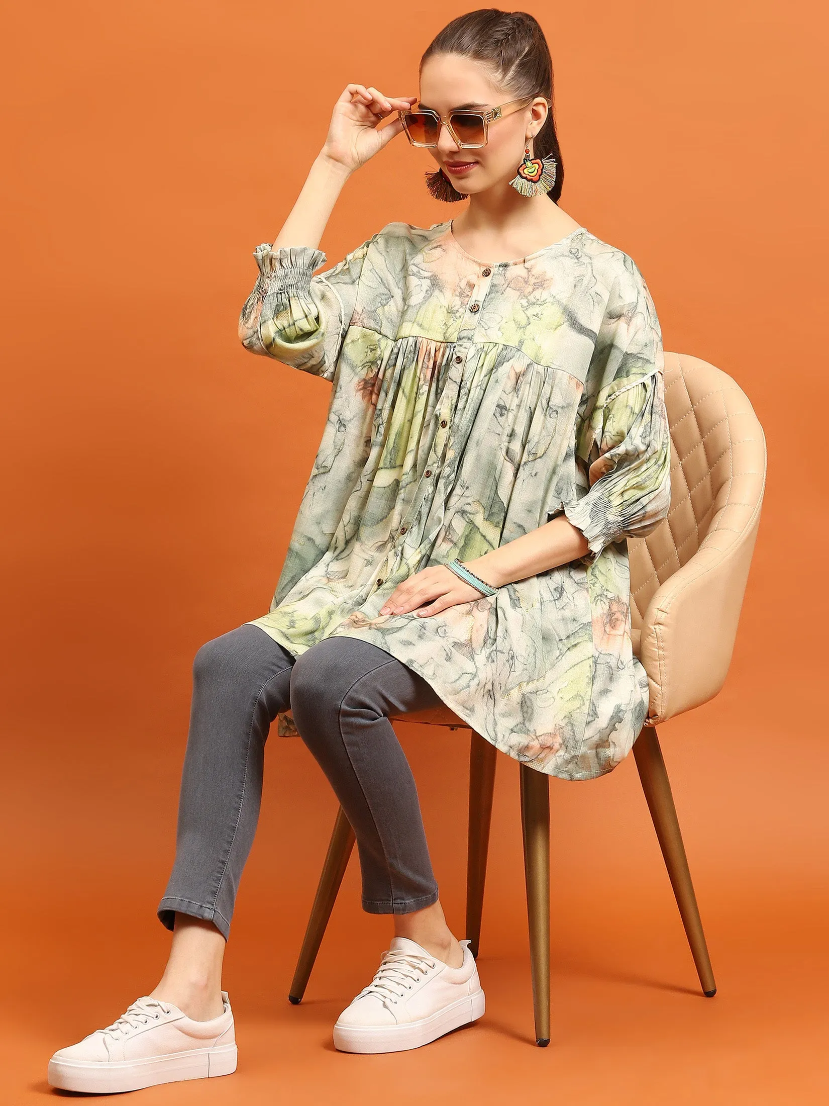 Women Green Abstract Boxy Fit Tunic