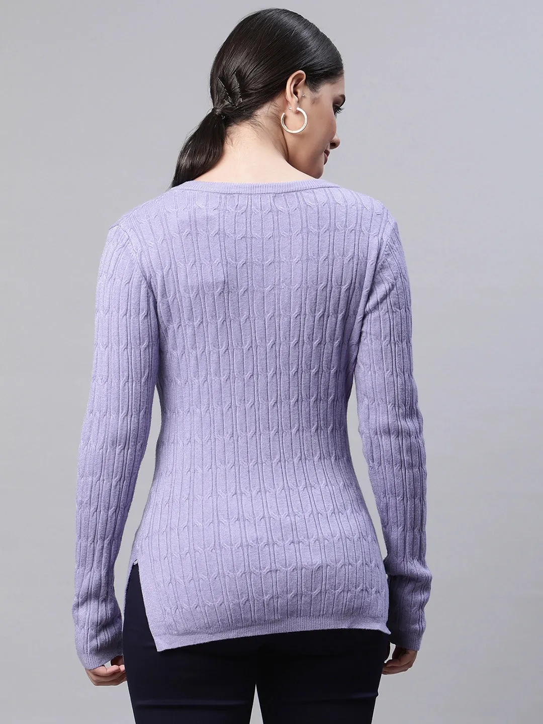 Women V-Neck Elongated Hem Lavender Jacquard Regular Fit Pullover