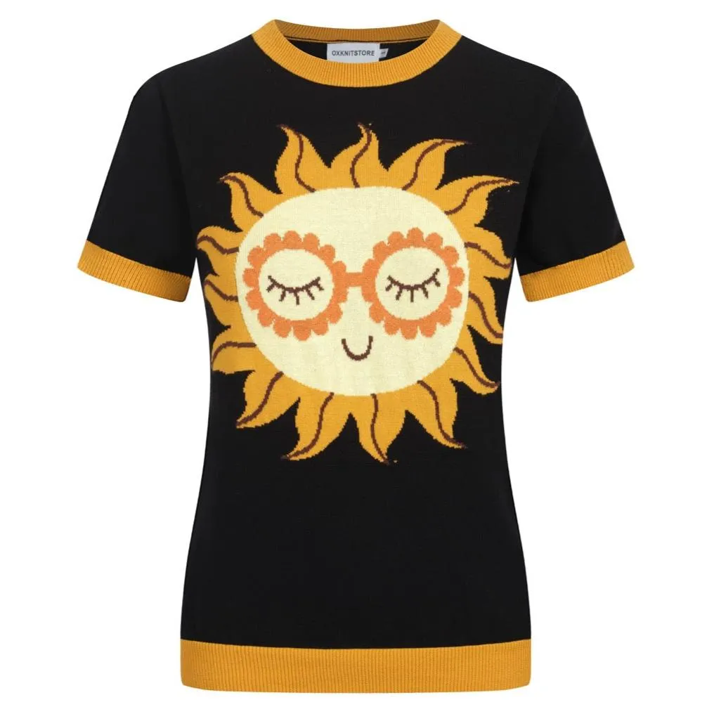 Women's Black Knitted T-shirt With Sun