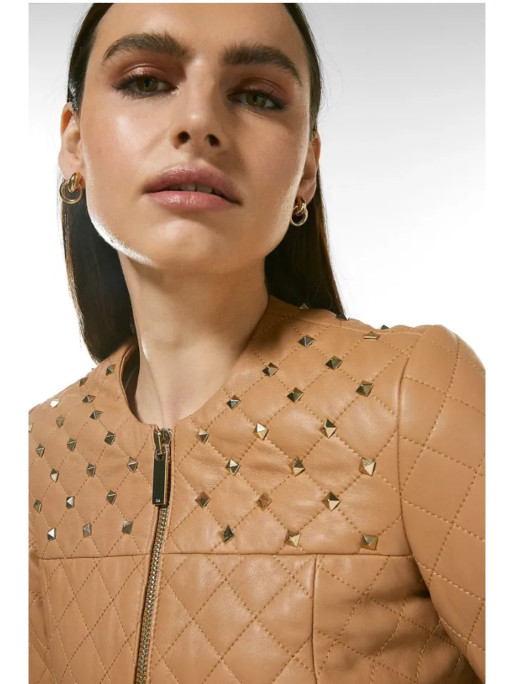 Women's Tan Beige Leather Studded Bomber Jacket