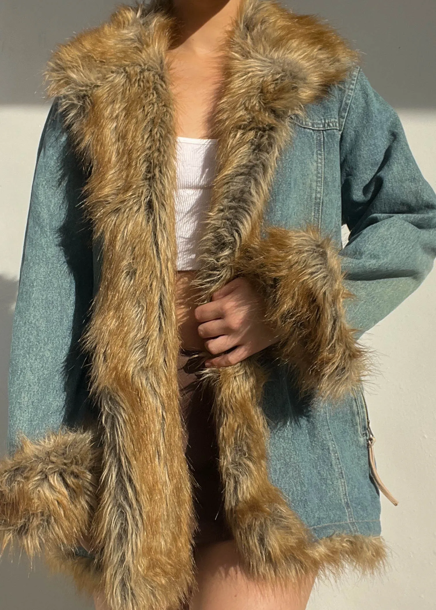 Y2k Fur Trim Denim Coat (L)