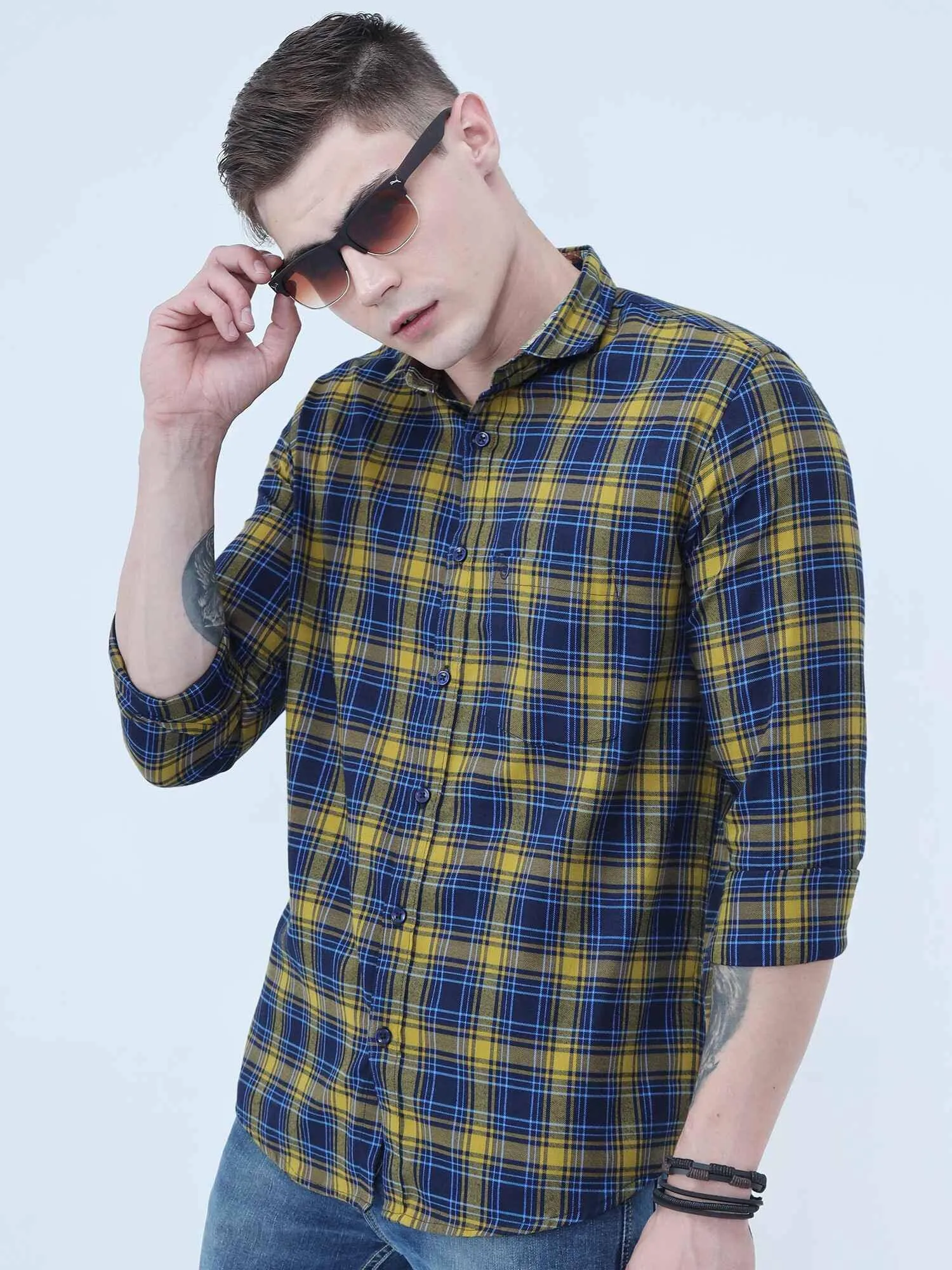 Yellow and Navy Blue Checkered Full Shirt